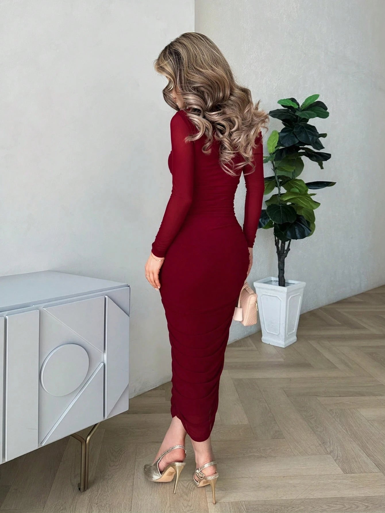 Jemour Women Elegant Ruched Mesh Party Evening Midi Dress With Long Sleeves, Slim Fit, For Autumn