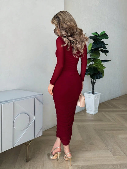Jemour Women Elegant Ruched Mesh Party Evening Midi Dress With Long Sleeves, Slim Fit, For Autumn