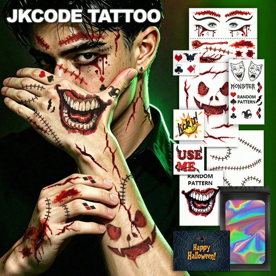 JKCODE TATTOO 10 Sheets Halloween Costume Clown Tattoo Kit| Funny Costume Tattoo Kit, Halloween Temporary Tattoos, Stitches And Scars Halloween Makeup Stickers, Costume Accessory For Men Women,Punk C