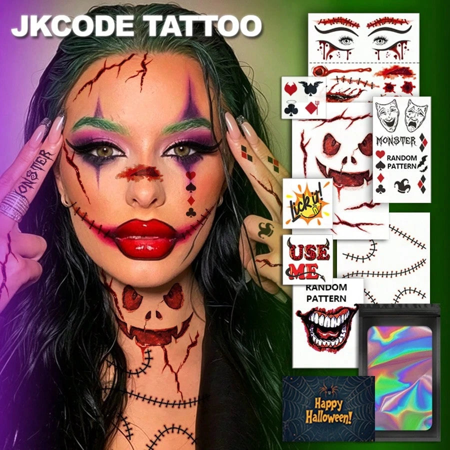 JKCODE TATTOO 10 Sheets Halloween Costume Clown Tattoo Kit| Funny Costume Tattoo Kit, Halloween Temporary Tattoos, Stitches And Scars Halloween Makeup Stickers, Costume Accessory For Men Women,Punk C