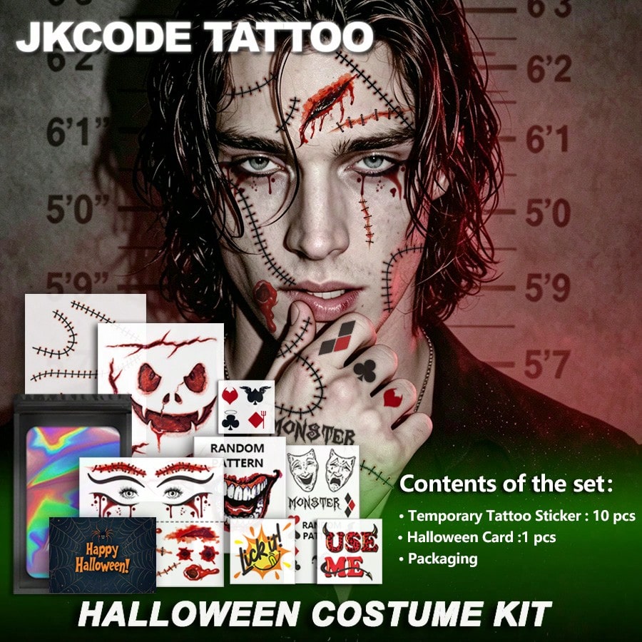 JKCODE TATTOO 10 Sheets Halloween Costume Clown Tattoo Kit| Funny Costume Tattoo Kit, Halloween Temporary Tattoos, Stitches And Scars Halloween Makeup Stickers, Costume Accessory For Men Women,Punk C