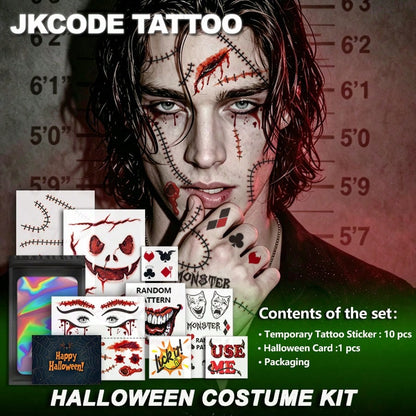 JKCODE TATTOO 10 Sheets Halloween Costume Clown Tattoo Kit| Funny Costume Tattoo Kit, Halloween Temporary Tattoos, Stitches And Scars Halloween Makeup Stickers, Costume Accessory For Men Women,Punk C