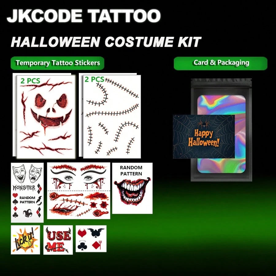 JKCODE TATTOO 10 Sheets Halloween Costume Clown Tattoo Kit| Funny Costume Tattoo Kit, Halloween Temporary Tattoos, Stitches And Scars Halloween Makeup Stickers, Costume Accessory For Men Women,Punk C