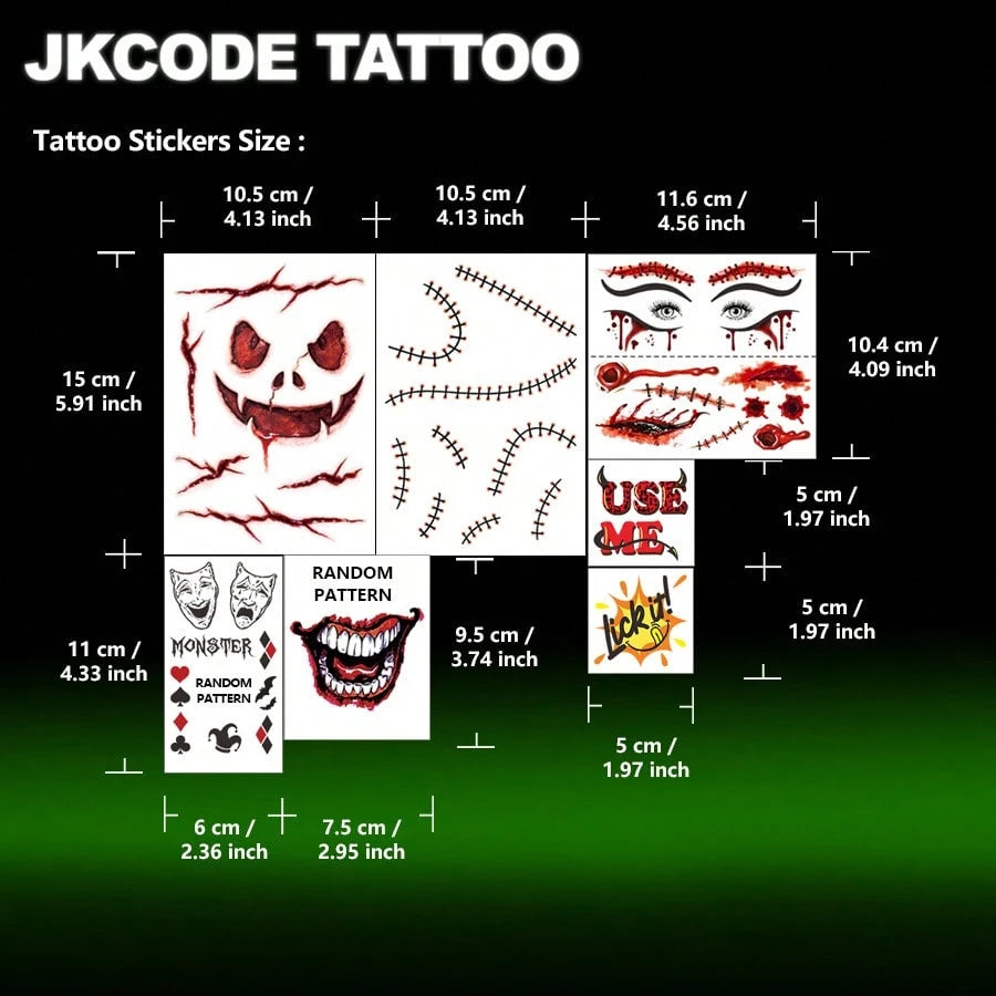 JKCODE TATTOO 10 Sheets Halloween Costume Clown Tattoo Kit| Funny Costume Tattoo Kit, Halloween Temporary Tattoos, Stitches And Scars Halloween Makeup Stickers, Costume Accessory For Men Women,Punk C
