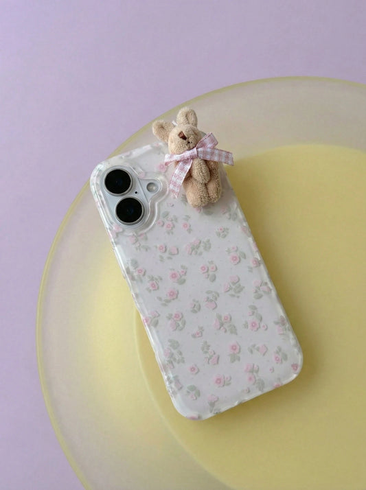 Joivida 1pc Youthful And Adorable Girl Floral White Classic Full-Coverage Soft Phone Case + Three-Dimensional Pink Lattice Bow Brown Rabbit, Compatible With IPhone 17 Air 16 15 14 13 12 11 Pro Max Plu