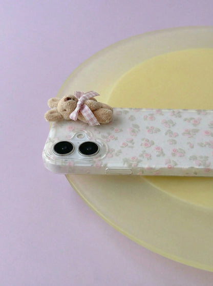 Joivida 1pc Youthful And Adorable Girl Floral White Classic Full-Coverage Soft Phone Case + Three-Dimensional Pink Lattice Bow Brown Rabbit, Compatible With IPhone 17 Air 16 15 14 13 12 11 Pro Max Plu