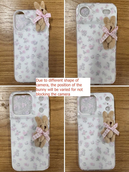 Joivida 1pc Youthful And Adorable Girl Floral White Classic Full-Coverage Soft Phone Case + Three-Dimensional Pink Lattice Bow Brown Rabbit, Compatible With IPhone 17 Air 16 15 14 13 12 11 Pro Max Plu