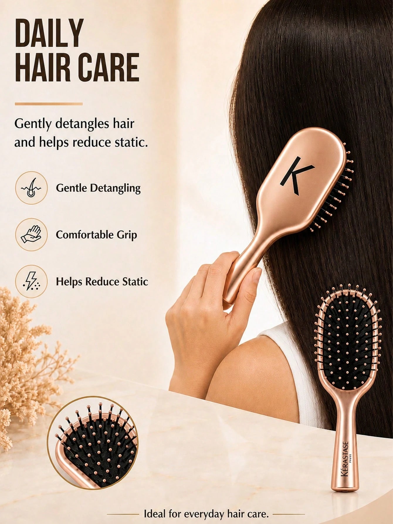 Kérastase Rose Gold Air Cushion Brush 17*6cm, Soothing Scalp And Anti-Static, Elastic Cushion For Smooth Hair Without Pulling, Suitable For Home, Travel, Daily Hair Care, And Gifting