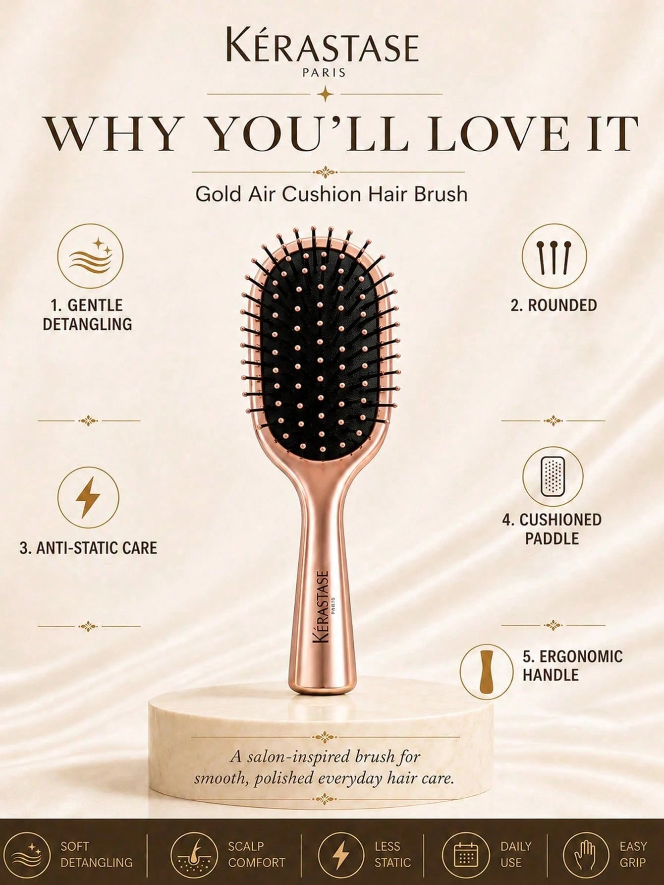 Kérastase Rose Gold Air Cushion Brush 17*6cm, Soothing Scalp And Anti-Static, Elastic Cushion For Smooth Hair Without Pulling, Suitable For Home, Travel, Daily Hair Care, And Gifting