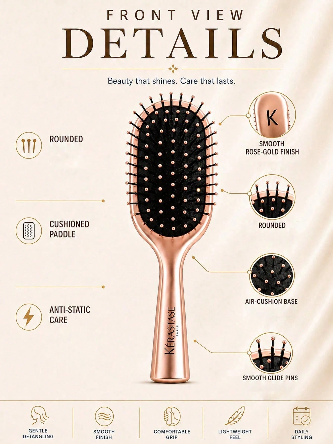 Kérastase Rose Gold Air Cushion Brush 17*6cm, Soothing Scalp And Anti-Static, Elastic Cushion For Smooth Hair Without Pulling, Suitable For Home, Travel, Daily Hair Care, And Gifting