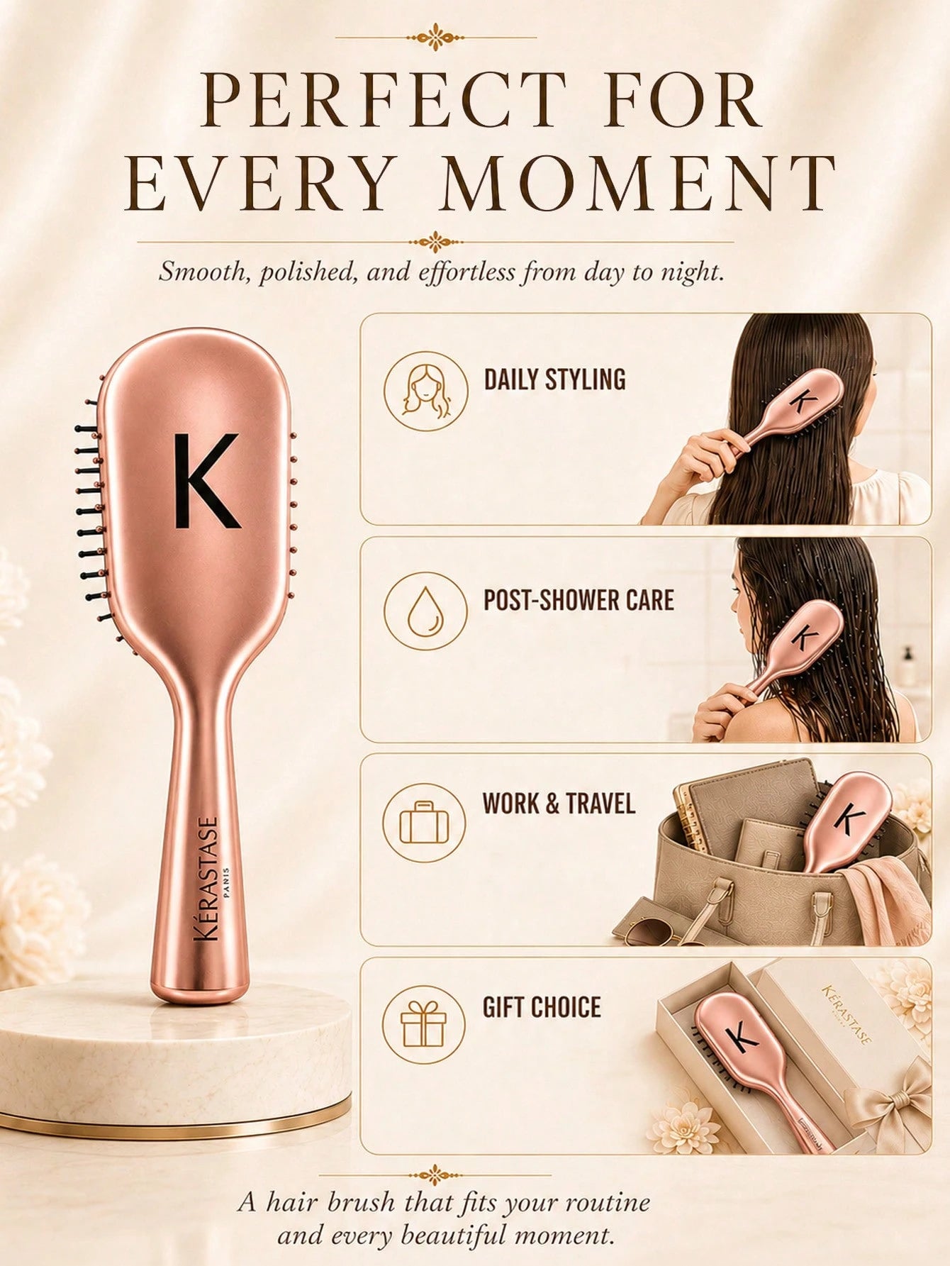Kérastase Rose Gold Air Cushion Brush 17*6cm, Soothing Scalp And Anti-Static, Elastic Cushion For Smooth Hair Without Pulling, Suitable For Home, Travel, Daily Hair Care, And Gifting