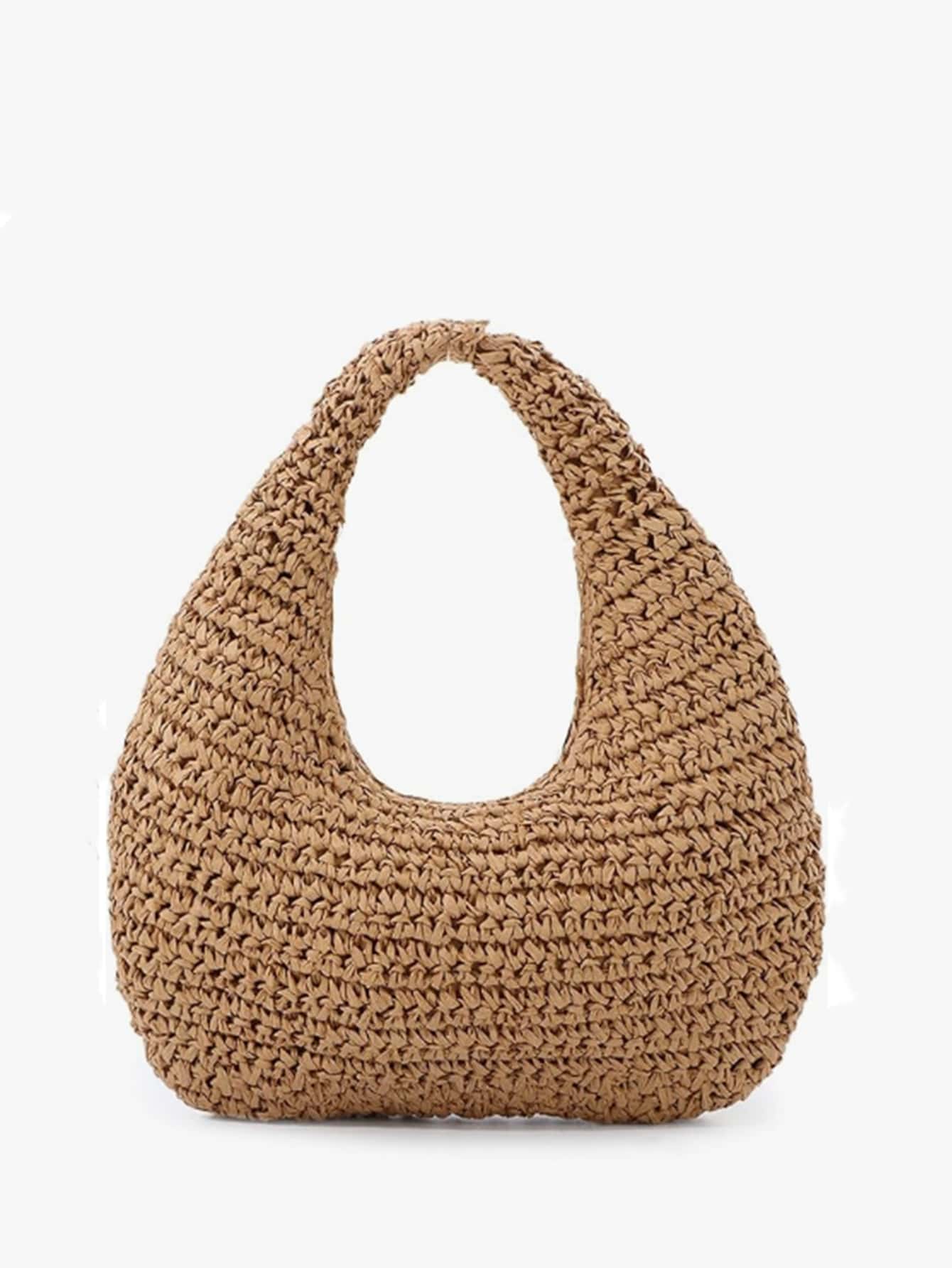 Khaki Women's Handmade Slouchy Shoulder Bag, Summer Beach Hobo Raffia Woven Crescent Tote Handbag