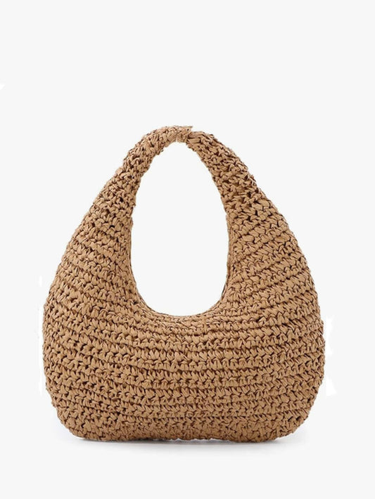 Khaki Women's Handmade Slouchy Shoulder Bag, Summer Beach Hobo Raffia Woven Crescent Tote Handbag