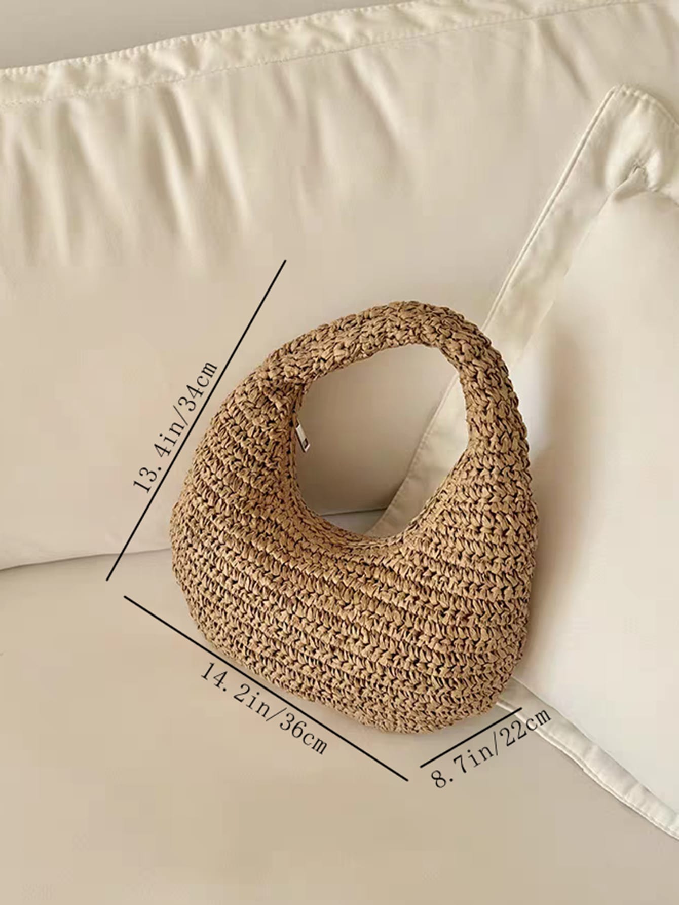Khaki Women's Handmade Slouchy Shoulder Bag, Summer Beach Hobo Raffia Woven Crescent Tote Handbag