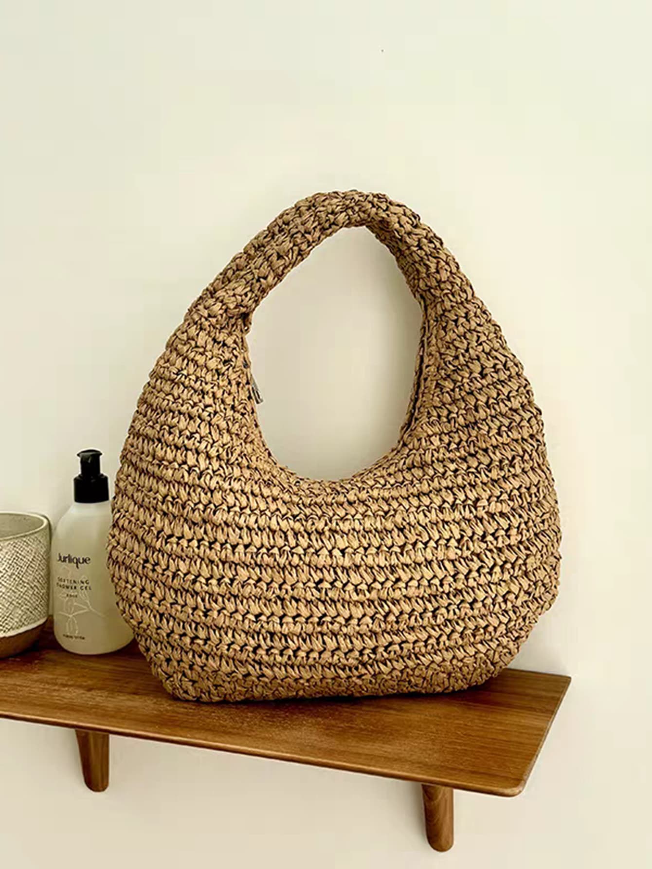 Khaki Women's Handmade Slouchy Shoulder Bag, Summer Beach Hobo Raffia Woven Crescent Tote Handbag