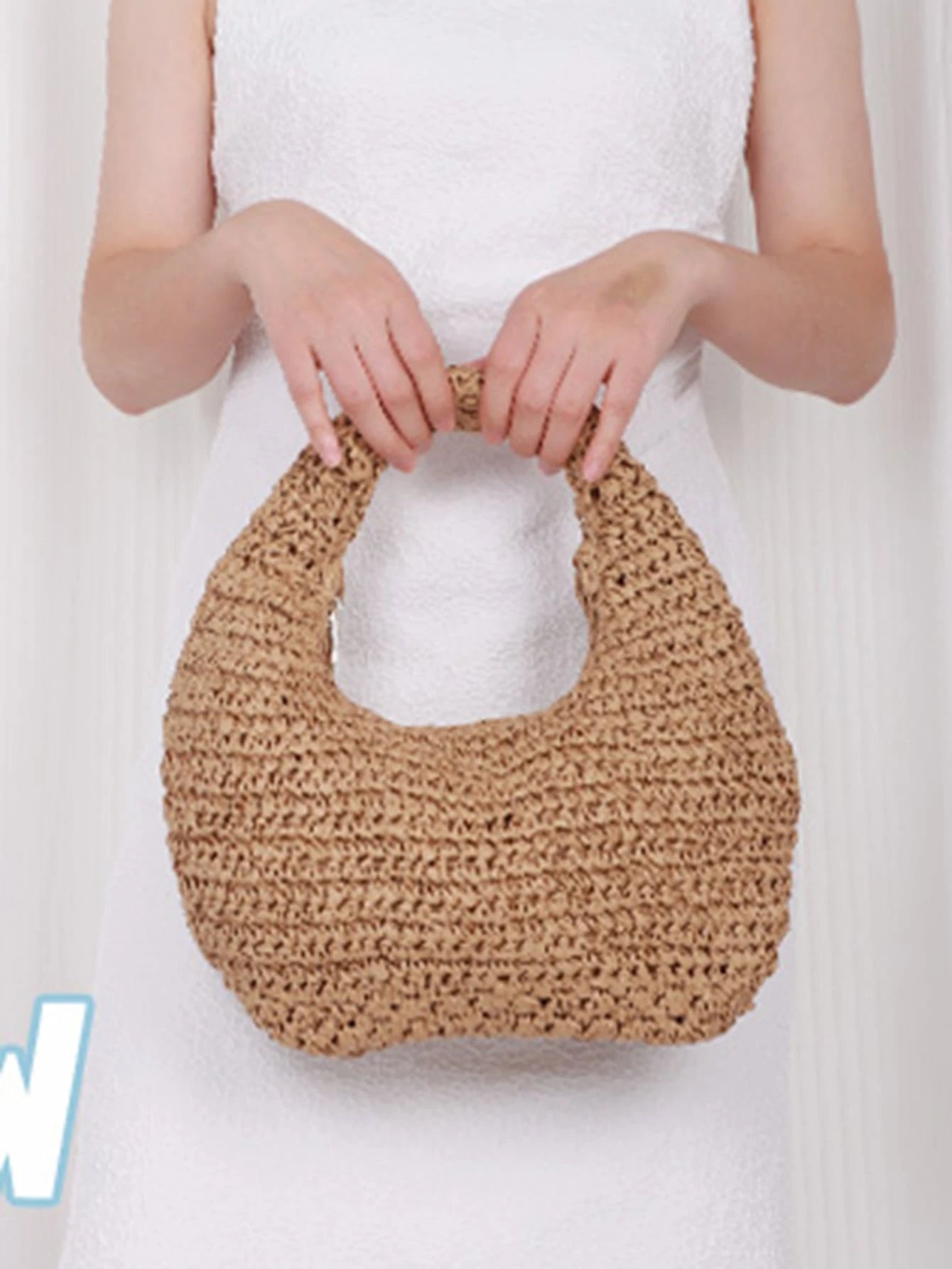 Khaki Women's Handmade Slouchy Shoulder Bag, Summer Beach Hobo Raffia Woven Crescent Tote Handbag
