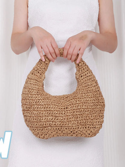 Khaki Women's Handmade Slouchy Shoulder Bag, Summer Beach Hobo Raffia Woven Crescent Tote Handbag