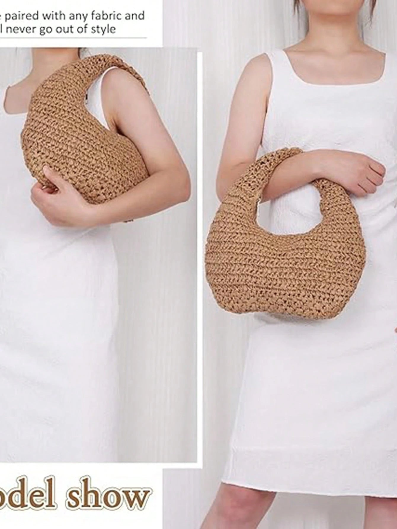 Khaki Women's Handmade Slouchy Shoulder Bag, Summer Beach Hobo Raffia Woven Crescent Tote Handbag