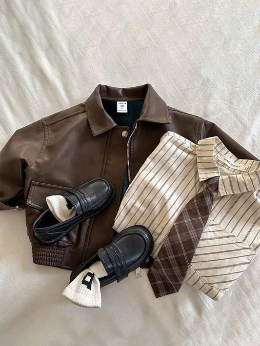 Kids/Young Boy Loose PU Collar Patch Pocket Jacket,Winter Career Day Back-To-School,Casual Everyday Versatile Comfortable Thick Woven Autumn Coat