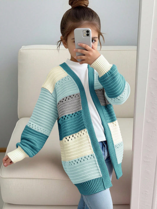 Kids Young Girl Autumn/Winter Casual Colorblock Blue Cardigan Back-To-School