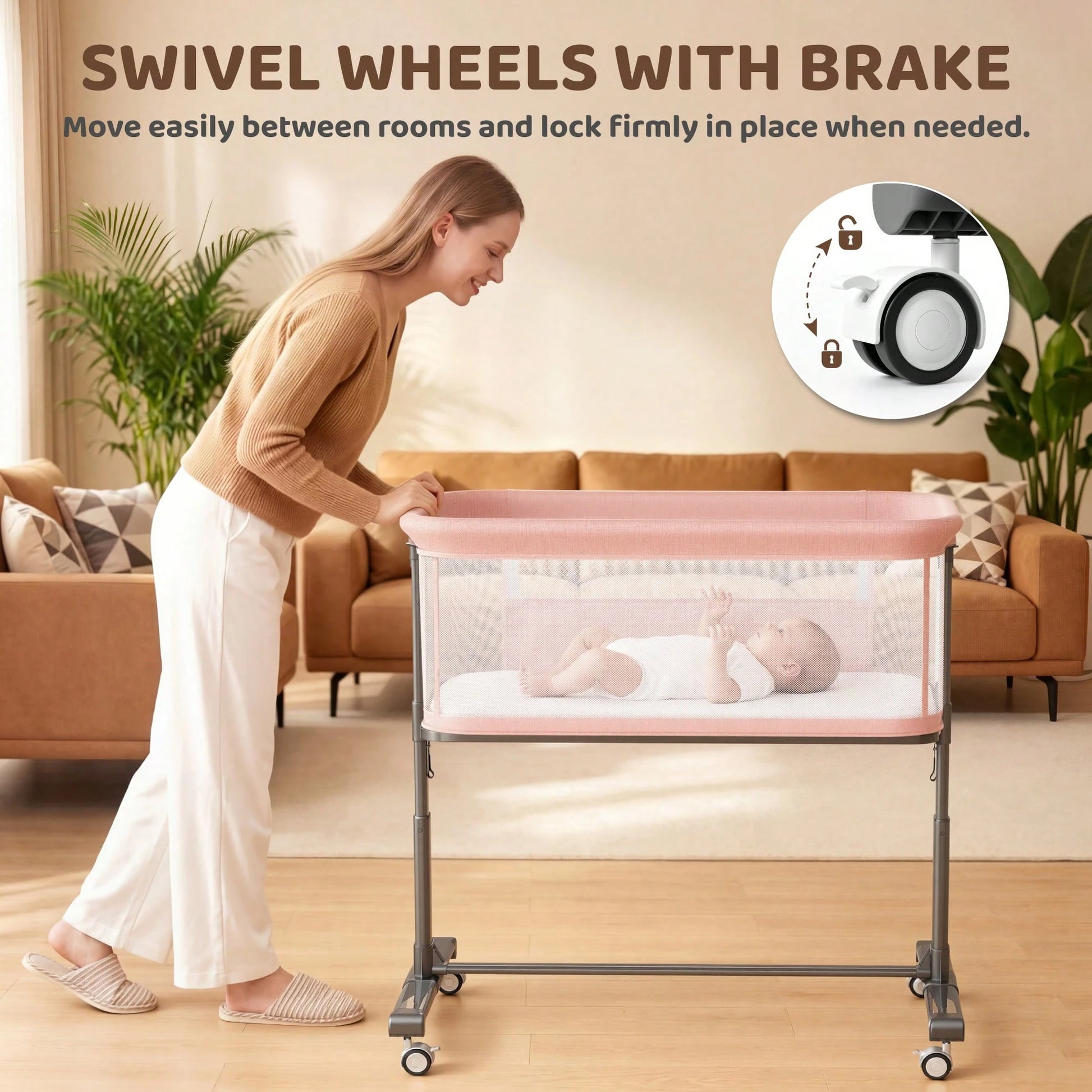 Kinder King Baby Bassinet, Newborn Bedside Crib With Wheels, All-Sided Mesh, Adjustable Height, Removable Soft Mattress No Tool To Assemble,Pink