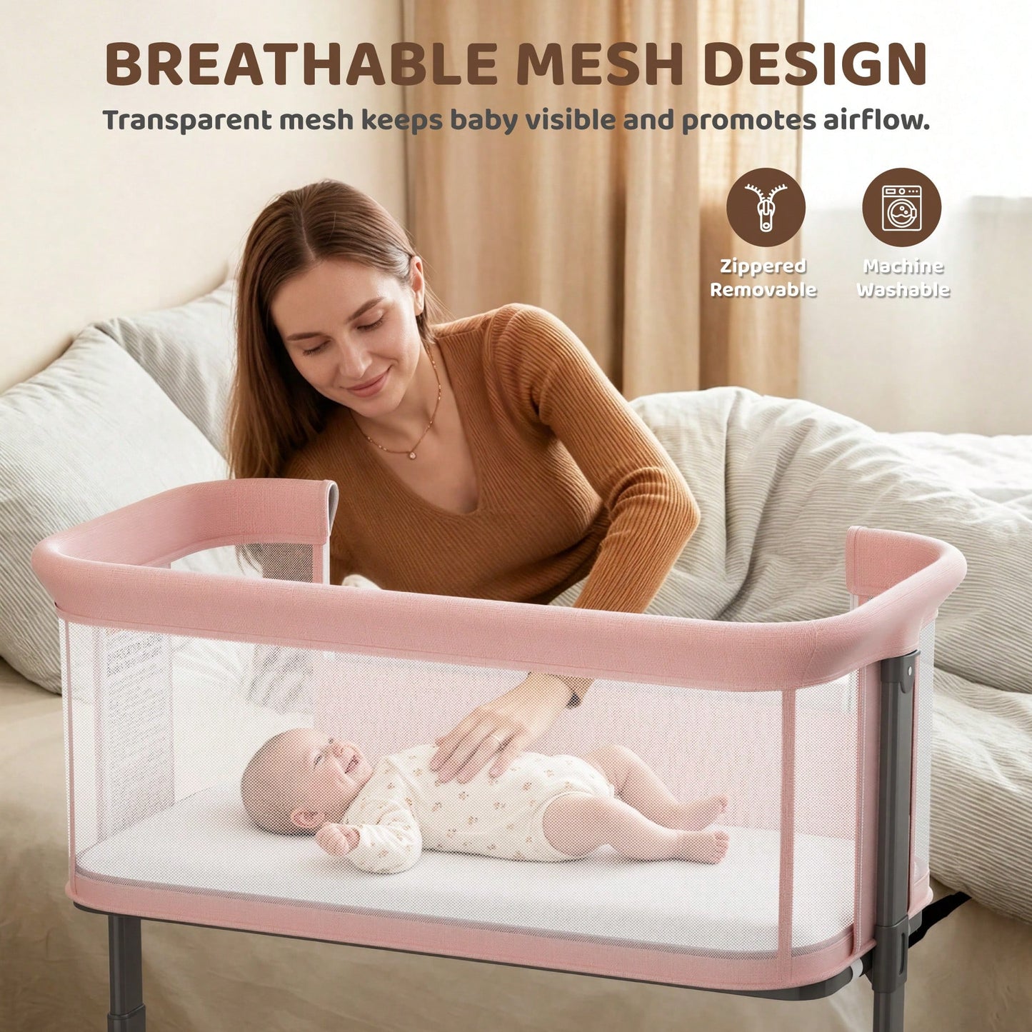 Kinder King Baby Bassinet, Newborn Bedside Crib With Wheels, All-Sided Mesh, Adjustable Height, Removable Soft Mattress No Tool To Assemble,Pink