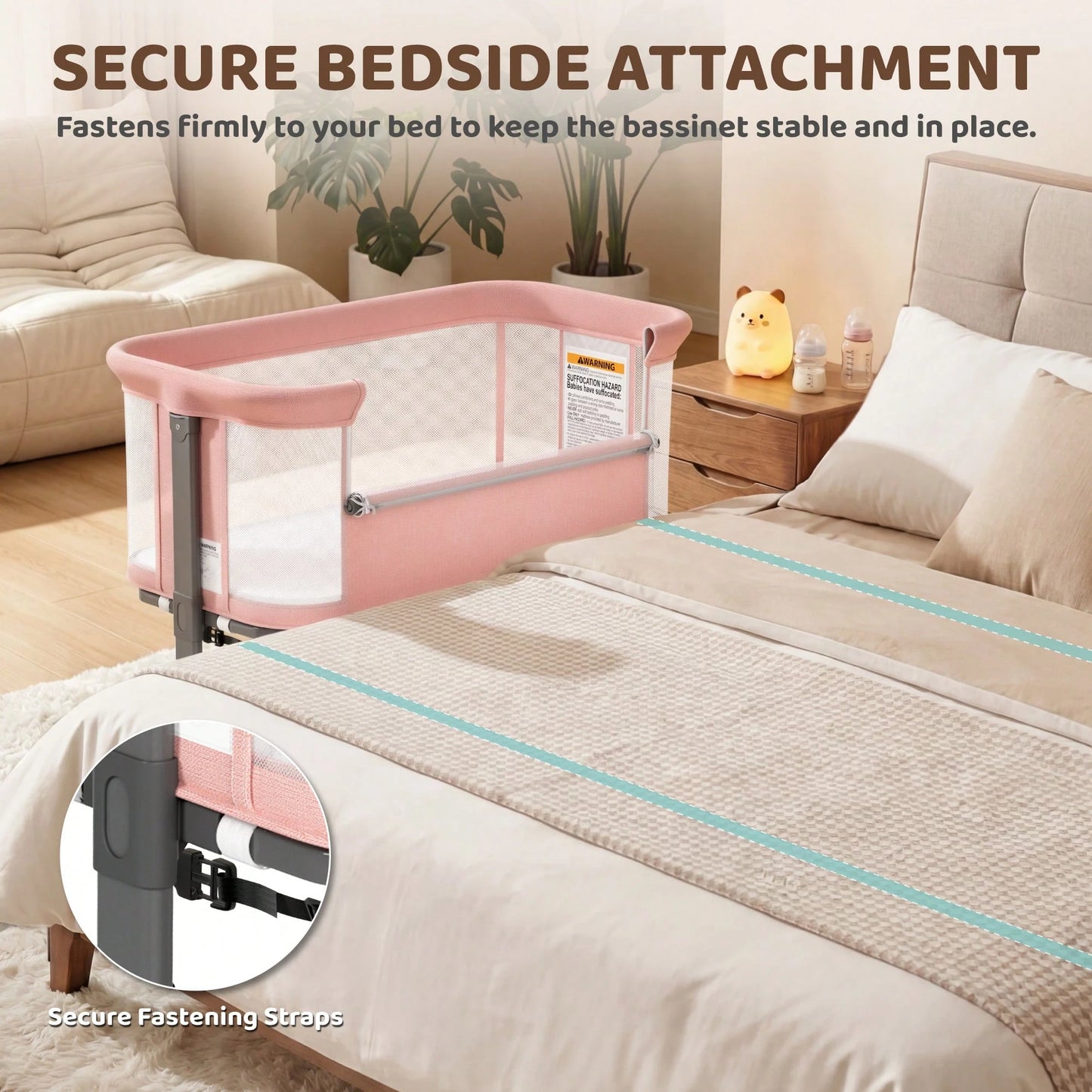 Kinder King Baby Bassinet, Newborn Bedside Crib With Wheels, All-Sided Mesh, Adjustable Height, Removable Soft Mattress No Tool To Assemble,Pink