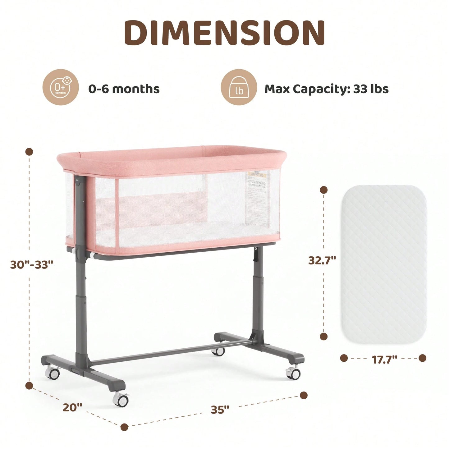 Kinder King Baby Bassinet, Newborn Bedside Crib With Wheels, All-Sided Mesh, Adjustable Height, Removable Soft Mattress No Tool To Assemble,Pink