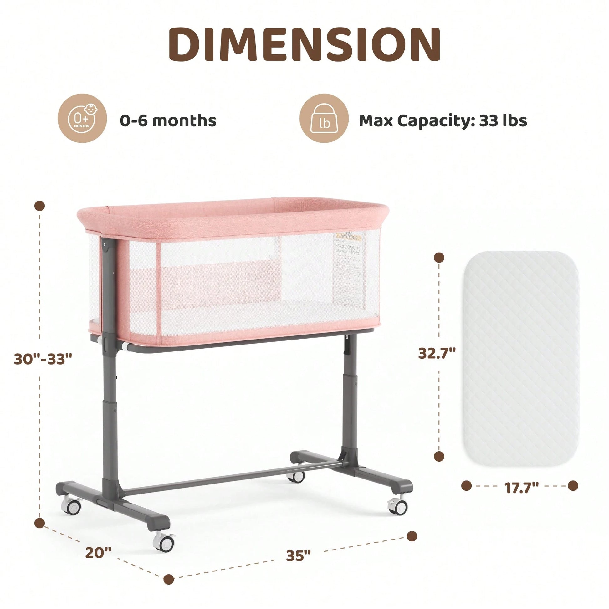 Kinder King Baby Bassinet, Newborn Bedside Crib With Wheels, All-Sided Mesh, Adjustable Height, Removable Soft Mattress No Tool To Assemble,Pink