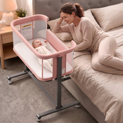 Kinder King Baby Bassinet, Newborn Bedside Crib With Wheels, All-Sided Mesh, Adjustable Height, Removable Soft Mattress No Tool To Assemble,Pink