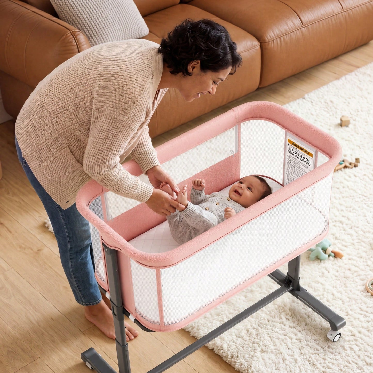Kinder King Baby Bassinet, Newborn Bedside Crib With Wheels, All-Sided Mesh, Adjustable Height, Removable Soft Mattress No Tool To Assemble,Pink