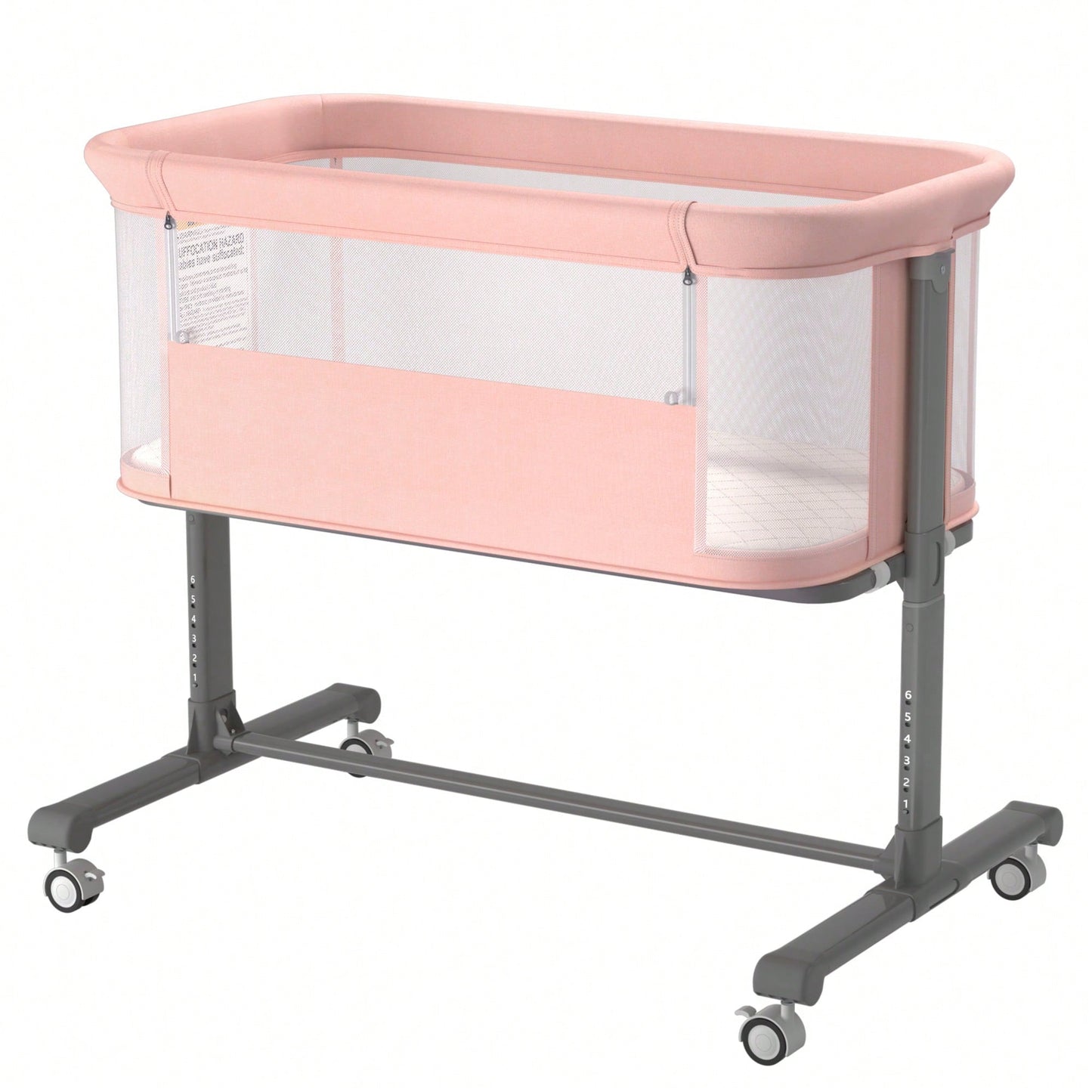 Kinder King Baby Bassinet, Newborn Bedside Crib With Wheels, All-Sided Mesh, Adjustable Height, Removable Soft Mattress No Tool To Assemble,Pink