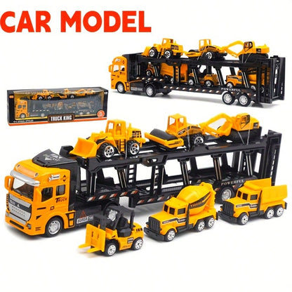 King Of Trucks Alloy Toy Set: 12.6-Inch Alloy Semi-Trailer Truck With 6 Miniature Construction Vehicles, Suitable For Over 3 Years Old- Great For Playing And Displaying! Ideal Birthday Gift, Holiday