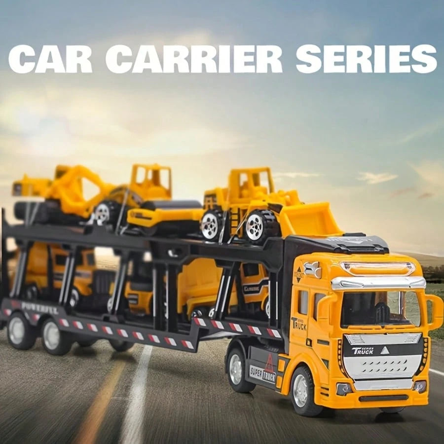 King Of Trucks Alloy Toy Set: 12.6-Inch Alloy Semi-Trailer Truck With 6 Miniature Construction Vehicles, Suitable For Over 3 Years Old- Great For Playing And Displaying! Ideal Birthday Gift, Holiday