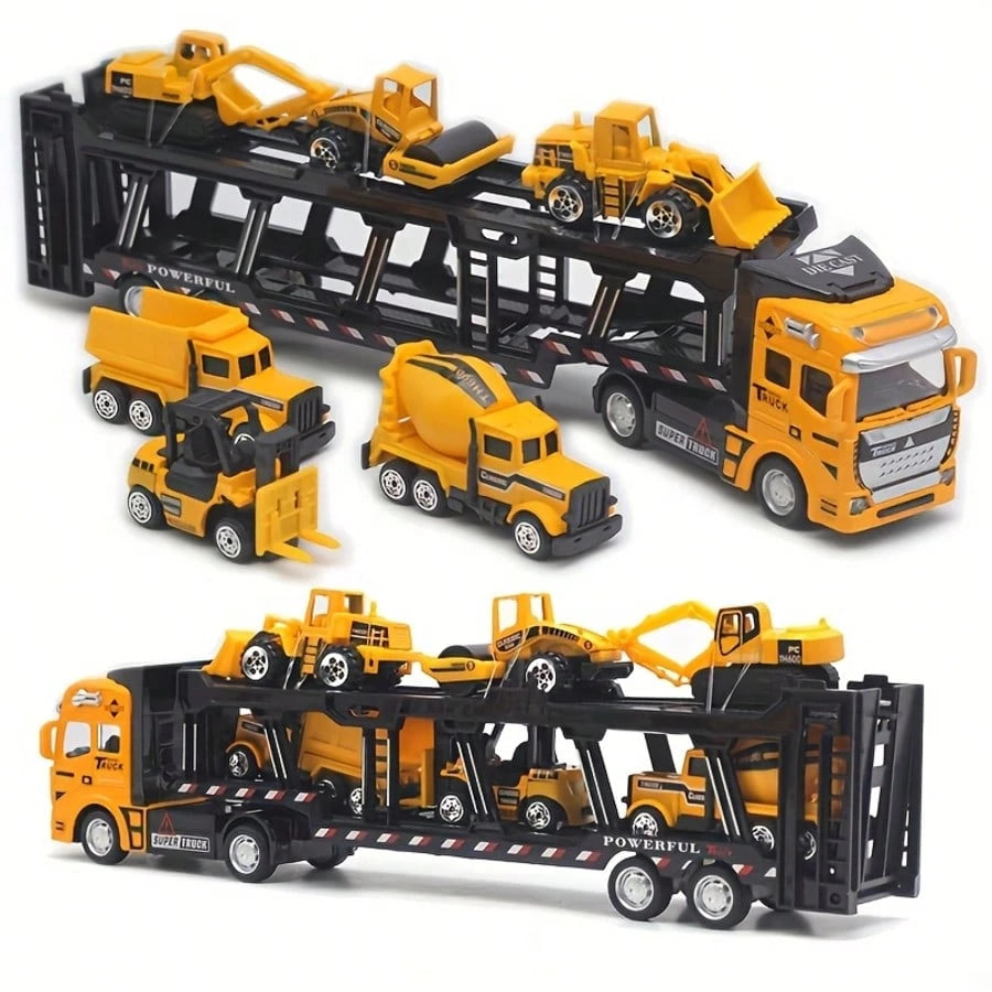 King Of Trucks Alloy Toy Set: 12.6-Inch Alloy Semi-Trailer Truck With 6 Miniature Construction Vehicles, Suitable For Over 3 Years Old- Great For Playing And Displaying! Ideal Birthday Gift, Holiday