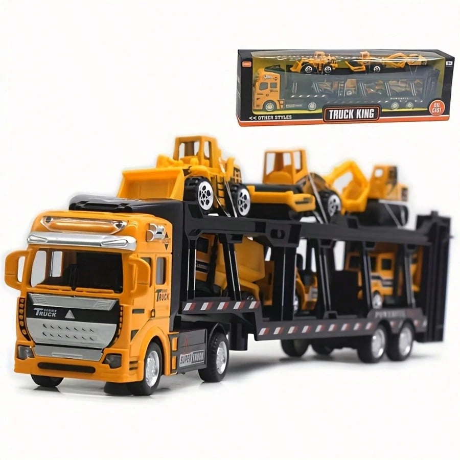 King Of Trucks Alloy Toy Set: 12.6-Inch Alloy Semi-Trailer Truck With 6 Miniature Construction Vehicles, Suitable For Over 3 Years Old- Great For Playing And Displaying! Ideal Birthday Gift, Holiday