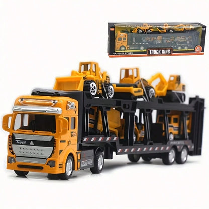 King Of Trucks Alloy Toy Set: 12.6-Inch Alloy Semi-Trailer Truck With 6 Miniature Construction Vehicles, Suitable For Over 3 Years Old- Great For Playing And Displaying! Ideal Birthday Gift, Holiday