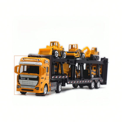 King Of Trucks Alloy Toy Set: 12.6-Inch Alloy Semi-Trailer Truck With 6 Miniature Construction Vehicles, Suitable For Over 3 Years Old- Great For Playing And Displaying! Ideal Birthday Gift, Holiday