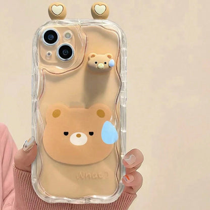 Korean Style Cute 3D Eyes Transparent Wavy Phone Case, For IPhone 17 Pro Max Air 16 15 14 13 12 11 Pro Max Plus, Cute Animal Girl Pattern, Soft Shockproof Bumper Protective Cover