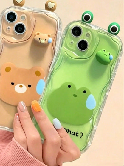 Korean Style Cute 3D Eyes Transparent Wavy Phone Case, For IPhone 17 Pro Max Air 16 15 14 13 12 11 Pro Max Plus, Cute Animal Girl Pattern, Soft Shockproof Bumper Protective Cover