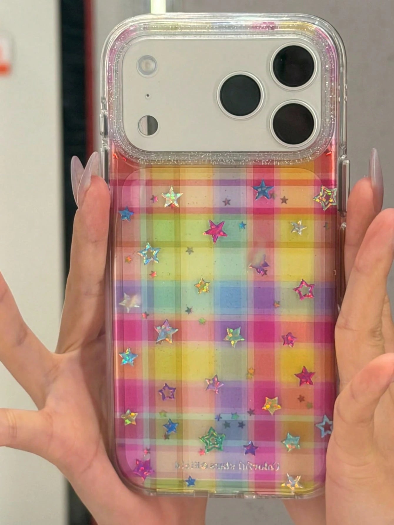 Korean Style Dopamine Colorful Plaid Gold Star Apple 17 Pro Max Phone Case, Double Layer 15 New 16 Pro Women 17 Pro Super Pretty 14 Shockproof Phone Cover