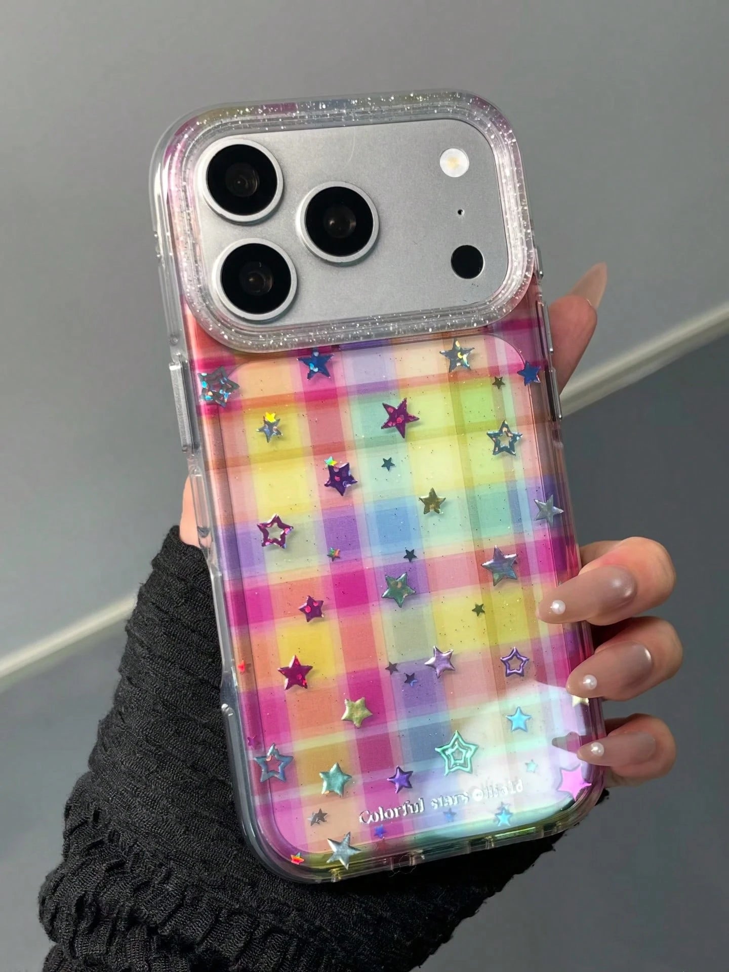 Korean Style Dopamine Colorful Plaid Gold Star Apple 17 Pro Max Phone Case, Double Layer 15 New 16 Pro Women 17 Pro Super Pretty 14 Shockproof Phone Cover
