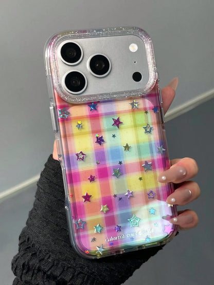 Korean Style Dopamine Colorful Plaid Gold Star Apple 17 Pro Max Phone Case, Double Layer 15 New 16 Pro Women 17 Pro Super Pretty 14 Shockproof Phone Cover