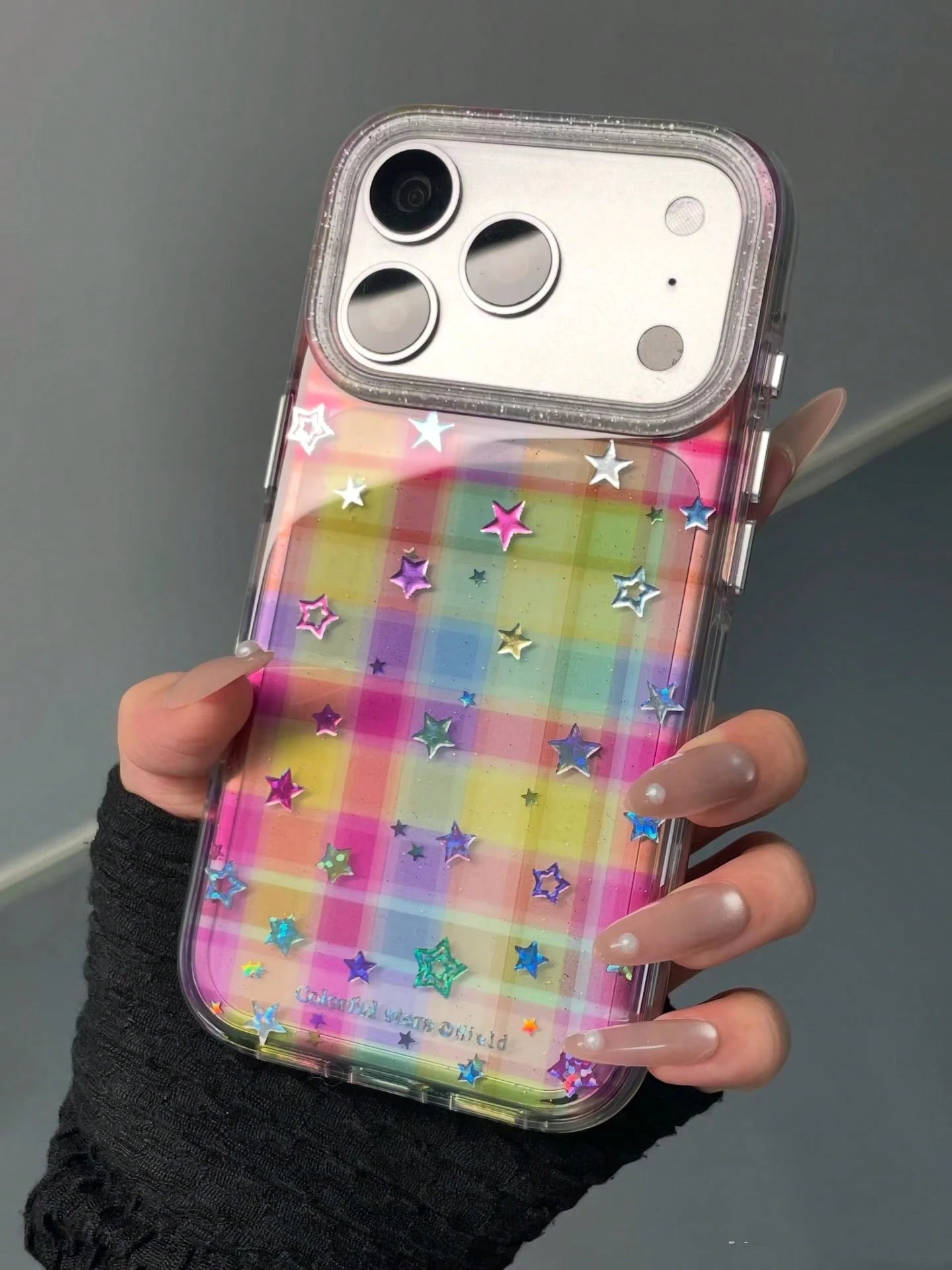 Korean Style Dopamine Colorful Plaid Gold Star Apple 17 Pro Max Phone Case, Double Layer 15 New 16 Pro Women 17 Pro Super Pretty 14 Shockproof Phone Cover