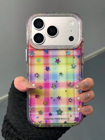 Korean Style Dopamine Colorful Plaid Gold Star Apple 17 Pro Max Phone Case, Double Layer 15 New 16 Pro Women 17 Pro Super Pretty 14 Shockproof Phone Cover