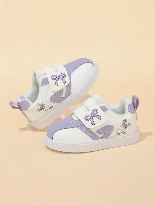 Korean Style Taro Purple Girls' Toddler Walking Shoes, Cartoon Kids' White Sneakers With Hook And Loop, Soft Sole, Anti-Slip, Wear-Resistant Baby Board Shoes