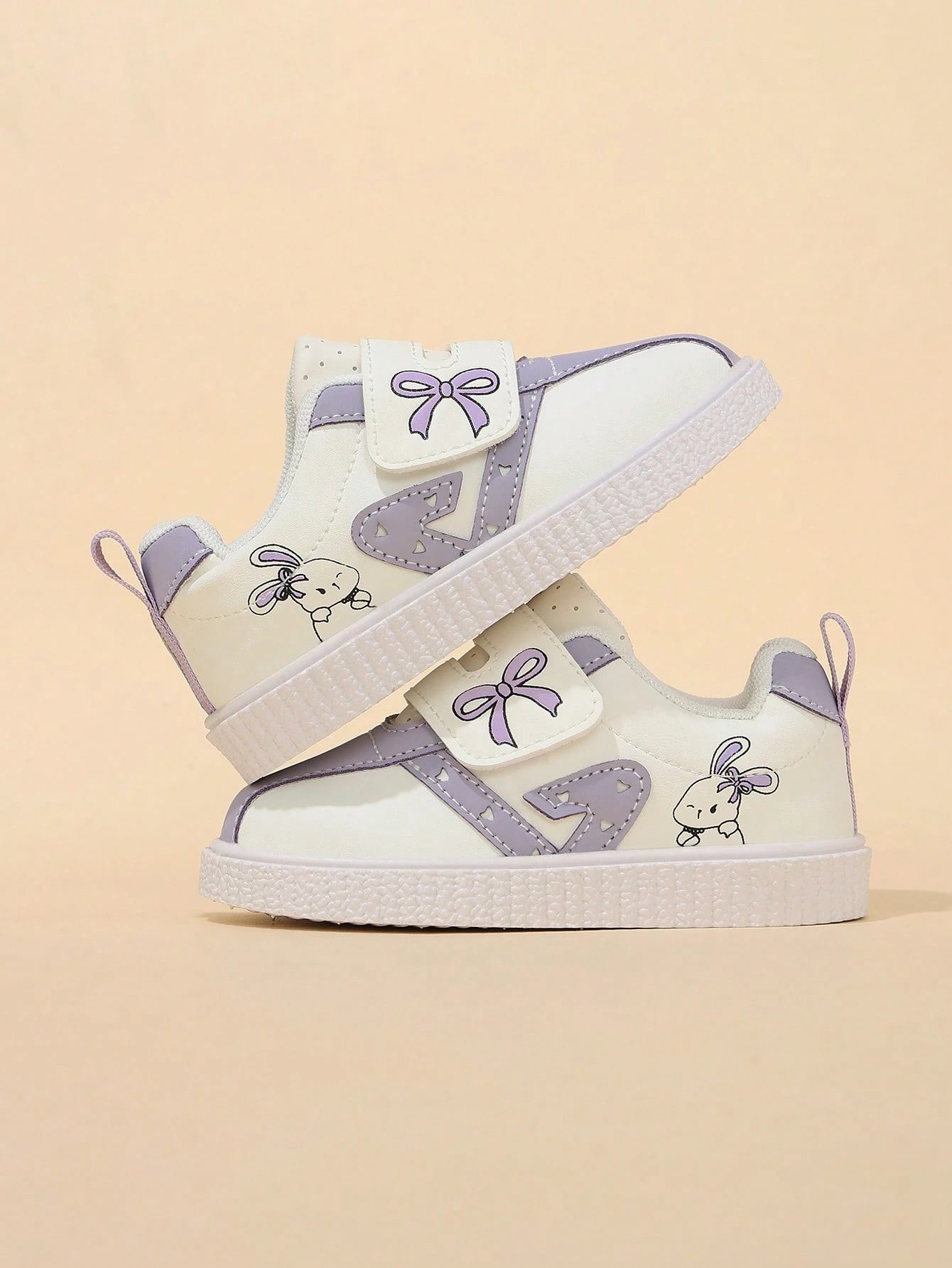 Korean Style Taro Purple Girls' Toddler Walking Shoes, Cartoon Kids' White Sneakers With Hook And Loop, Soft Sole, Anti-Slip, Wear-Resistant Baby Board Shoes