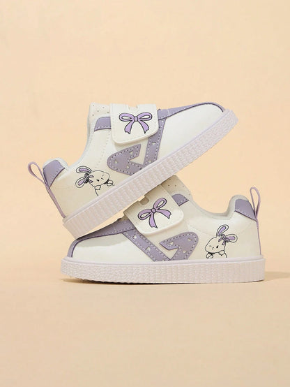 Korean Style Taro Purple Girls' Toddler Walking Shoes, Cartoon Kids' White Sneakers With Hook And Loop, Soft Sole, Anti-Slip, Wear-Resistant Baby Board Shoes