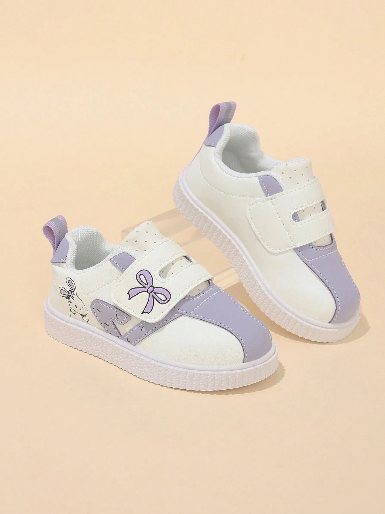 Korean Style Taro Purple Girls' Toddler Walking Shoes, Cartoon Kids' White Sneakers With Hook And Loop, Soft Sole, Anti-Slip, Wear-Resistant Baby Board Shoes