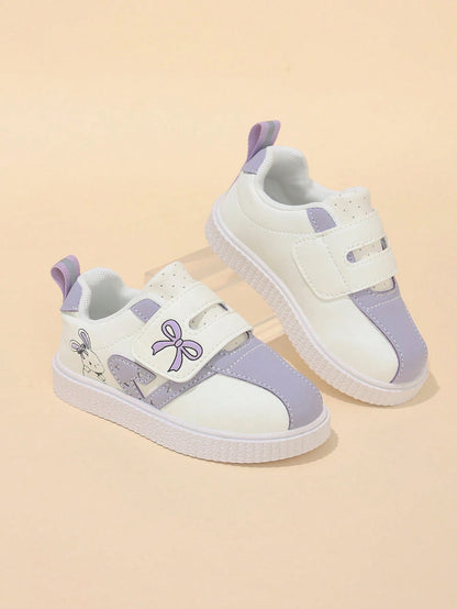 Korean Style Taro Purple Girls' Toddler Walking Shoes, Cartoon Kids' White Sneakers With Hook And Loop, Soft Sole, Anti-Slip, Wear-Resistant Baby Board Shoes